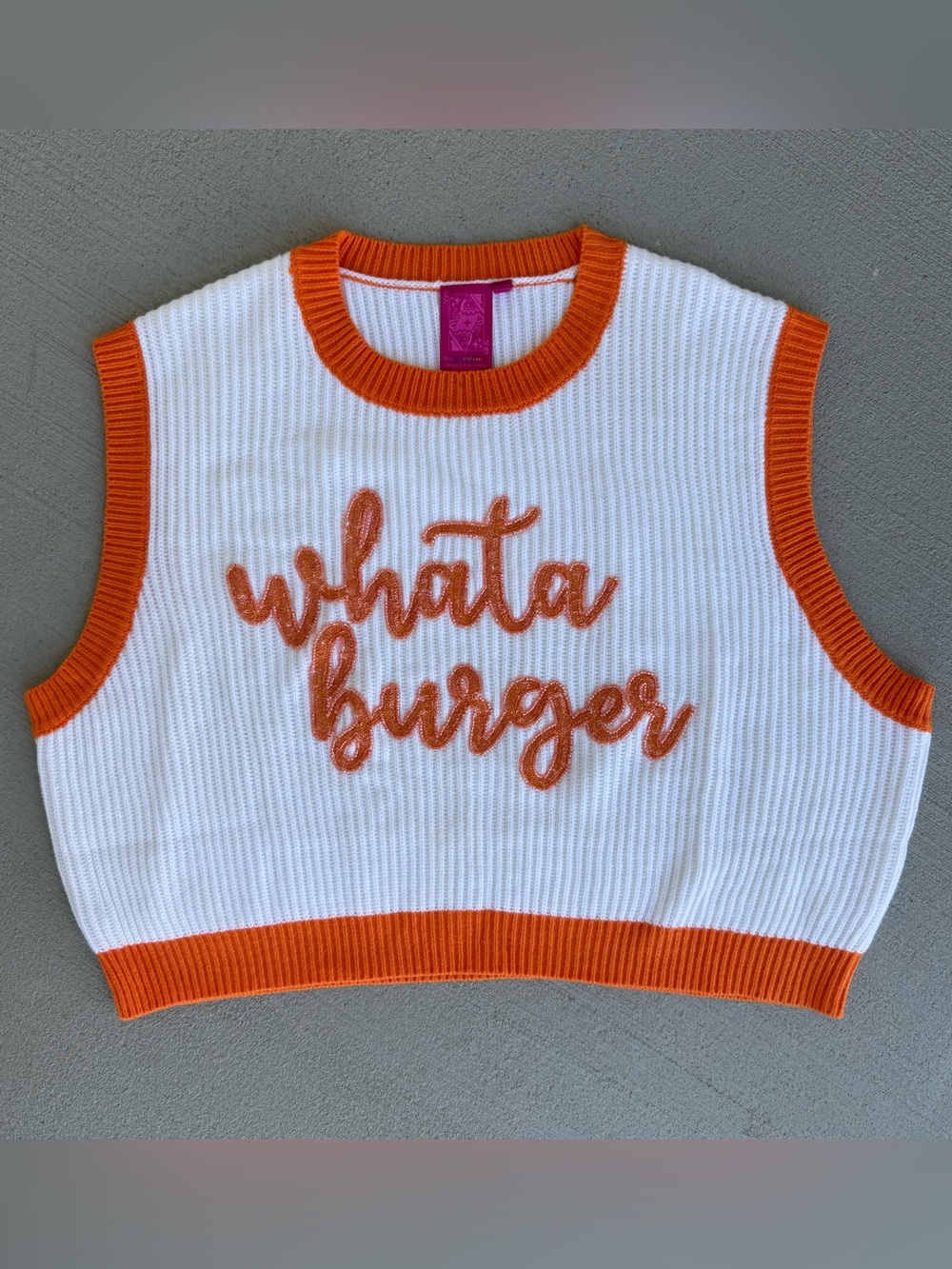 NEW Whataburger QUEEN OF SPARKLES Orange & White Rib-Knit Sweater Vest Size S